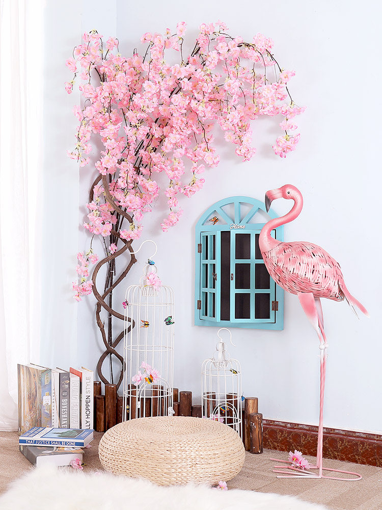 Simulation cherry blossom branch Wedding cherry blossom tree Peach blossom silk flower net red Indoor living room floor hanging ceiling decorative wall fake flower