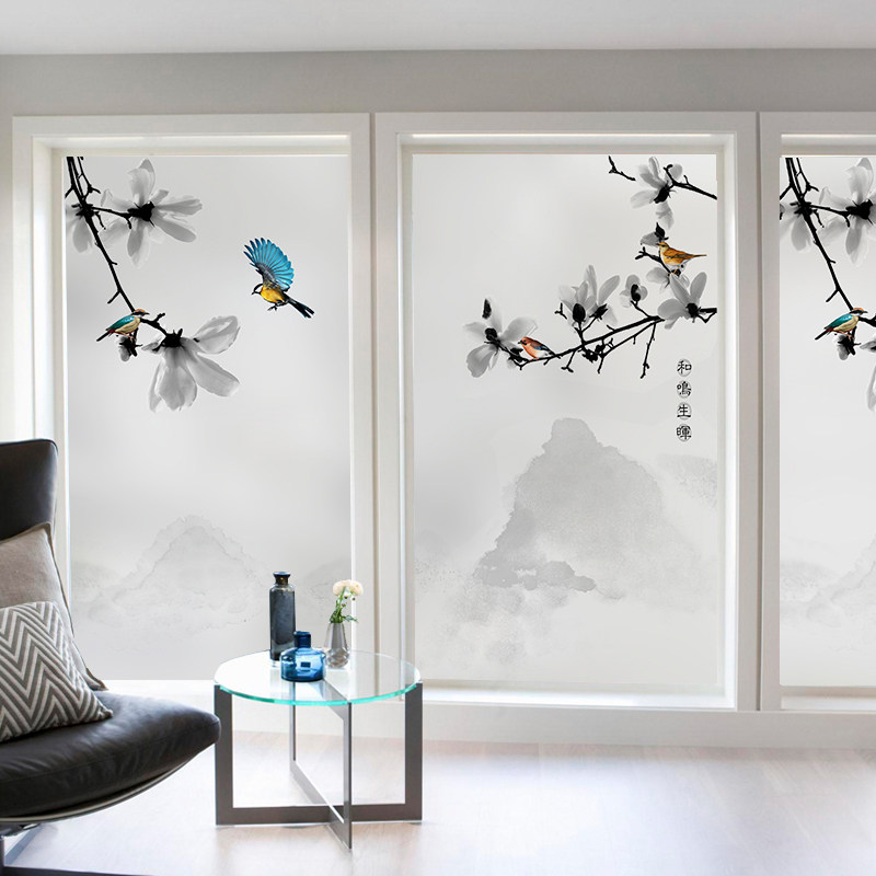 Chinese style window glass stickers transparent opaque decoration living room tea room office sliding door film Chinese flowers and birds