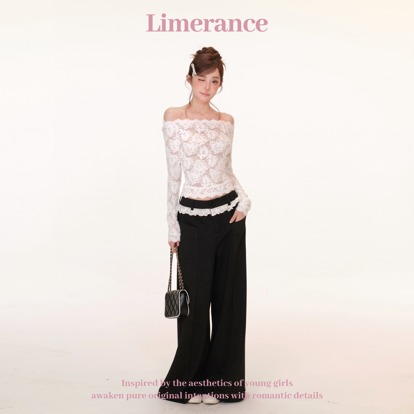 Limerance リボン レース オフショルダー 配色 ブラウス