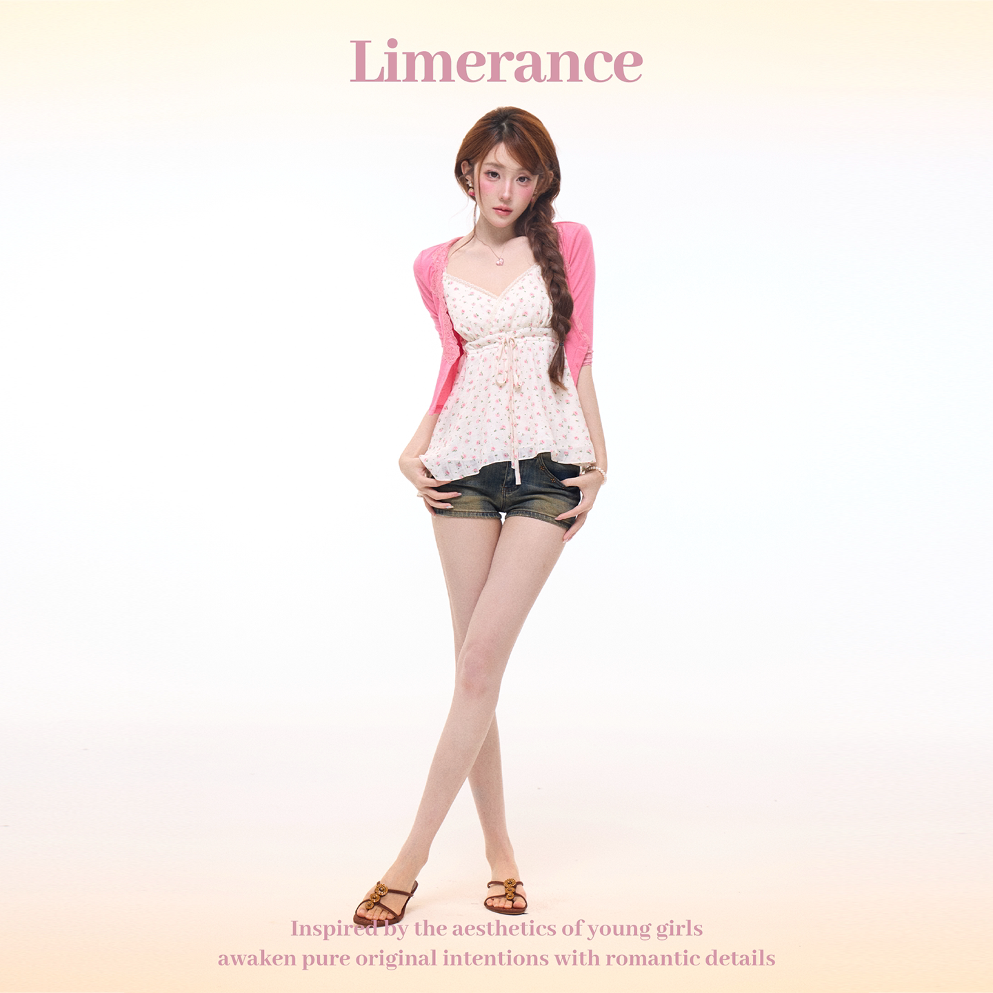 Limerance Vネック フラワー デニム セットアップ