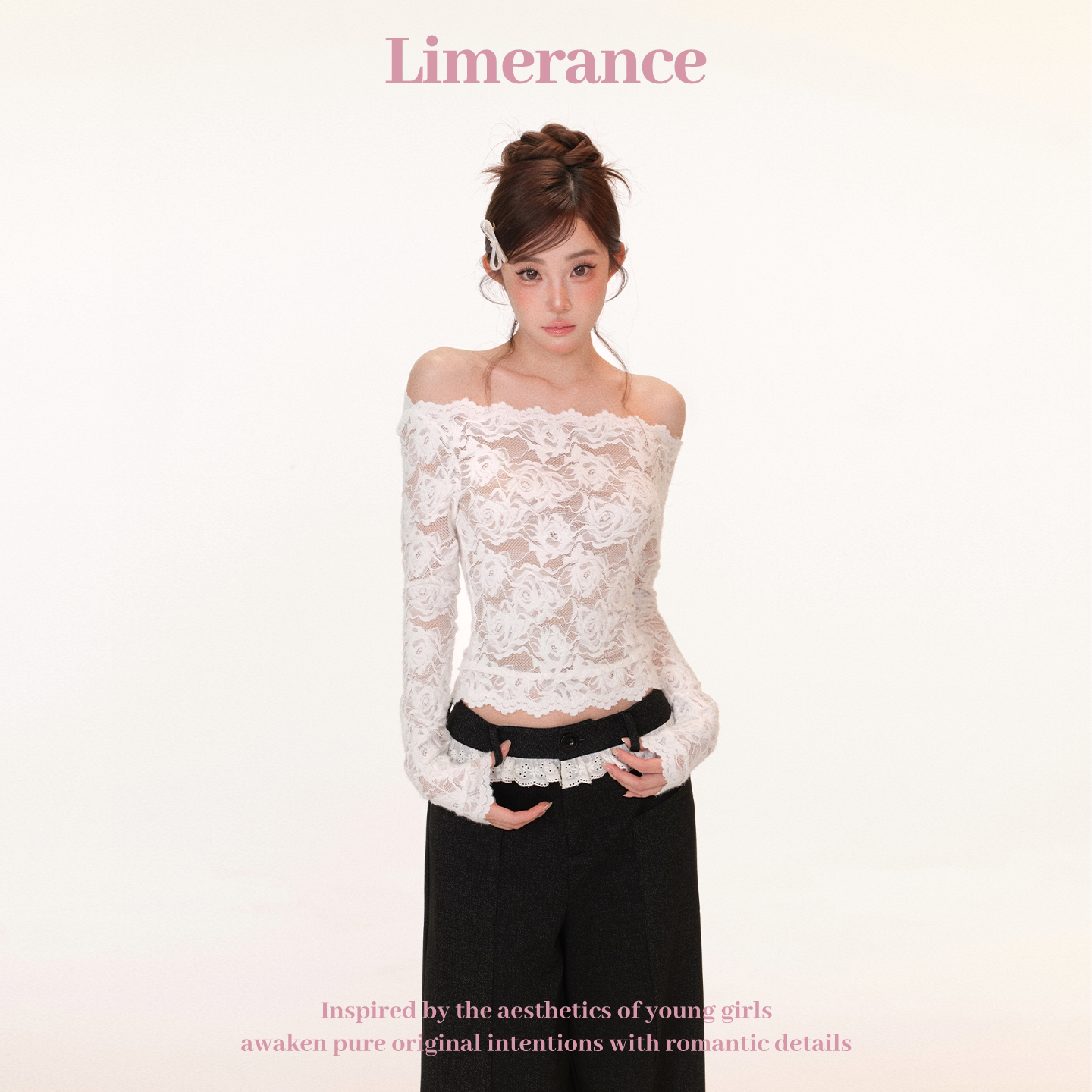 Limerance リボン レース オフショルダー 配色 ブラウス