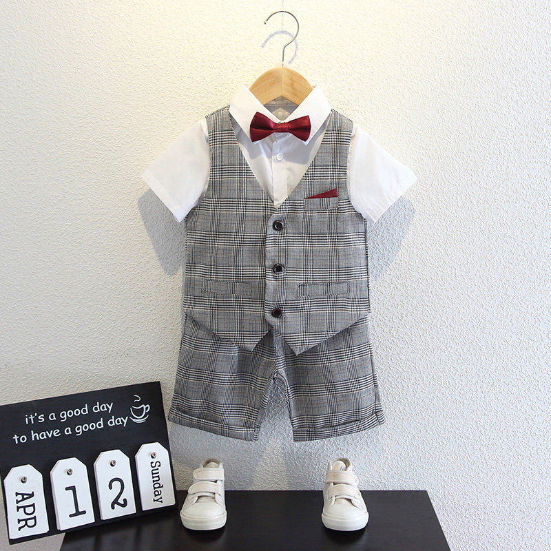 Boys suit summer short-sleeved suit British style flower boy handsome boy baby one-year-old dress children's formal wear children