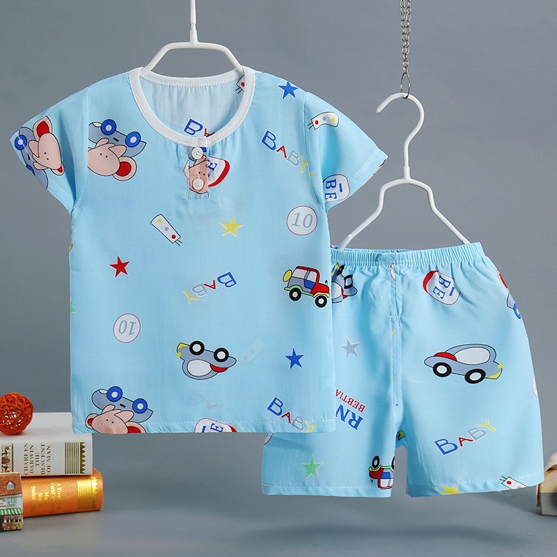 lụa Orbao trẻ em vest cô gái mùa hè mỏng bé bông lụa pajama trẻ em không tay quần áo nhà ngắn.