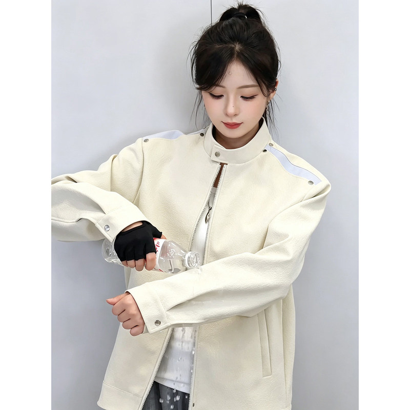 Off-White Straight-Shoulder Color-Block Pu Leather Jacket for Men and Women, Autumn Short Style with Stand Collar, Casual Outerwear with a Stylish Design
