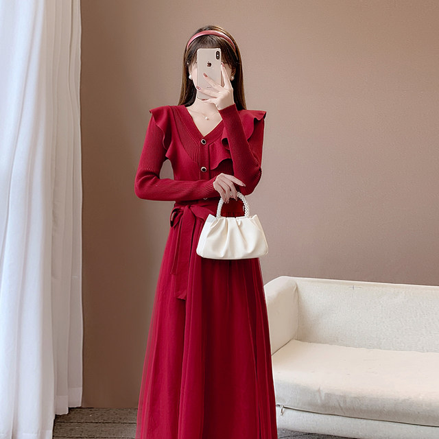 2022 autumn and winter new temperament high-end red dress French knitted mesh stitching long-sleeved sweater dress