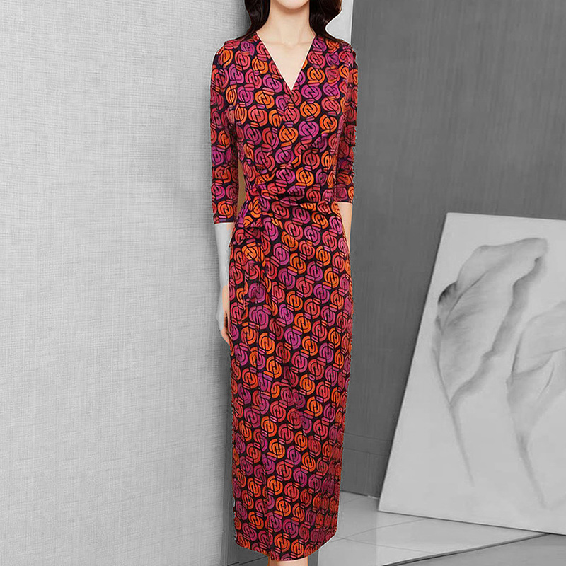 Pasinoe Luxury Women's Fashion New Elegant Printed Wrap Dress with Waist-Cinching V-Neck Dress