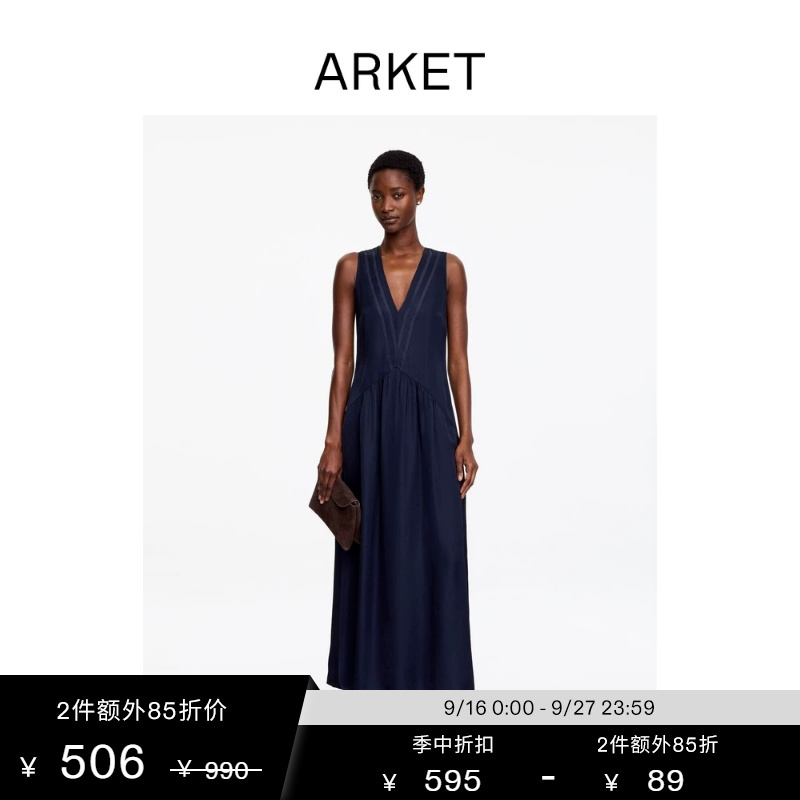 Arket Women's Clothing Imitation Satin Sleeveless V Neck Long Dress Dark Blue 1333004003 Arket Women's Clothing Imitation Satin Sleeveless V Neck Long Dress Dark Blue 1333004003