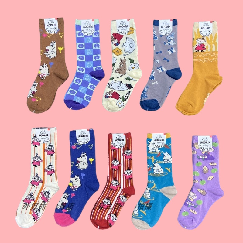New Japanese Moomin Cartoon Pattern Forest-Style Artistic Women's Cute and Sweet Mid-High Cotton Trendy Socks