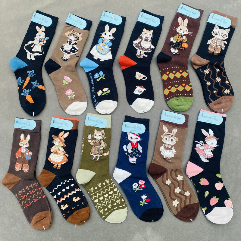 Korean Midsummer Night Story Bunny and Kitten Style Pure Cotton Mid-Tube Trendy Socks for Men and Women, Couple Style, Casual and Versatile New