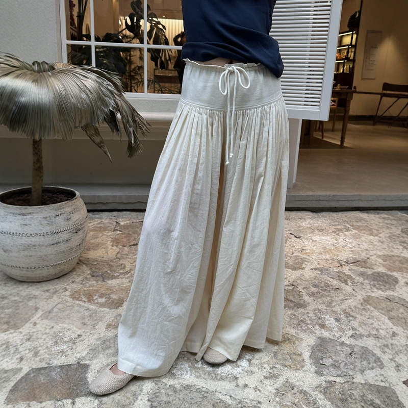 Lazy Style Milky White Wide-Leg Casual Pants for Women, Plus Size, Drawstring Design, High-Waisted, Loose, Slimming, Floor-Length Skirt Pants