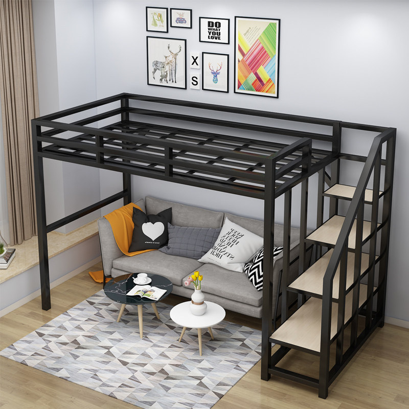 Nordic Iron Art Double Bed Brief Modern Elevated Bed Dormitory Single Apartment bed Small family type multifunctional building loft bed-Taobao