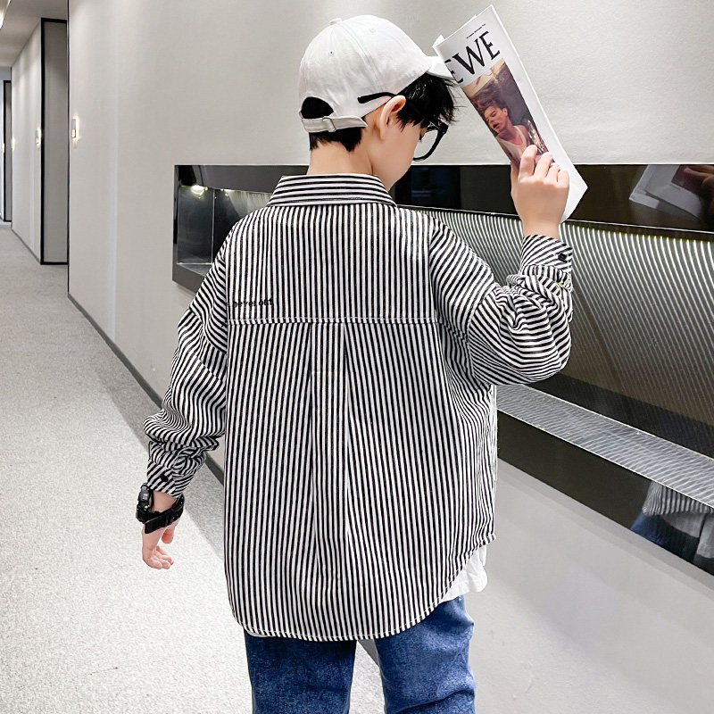 Boy Shirt Spring Dress 2022 New Foreign Pie CUHK Child Striped Shirt Boy Long Sleeve Blouse Spring Autumn Tide