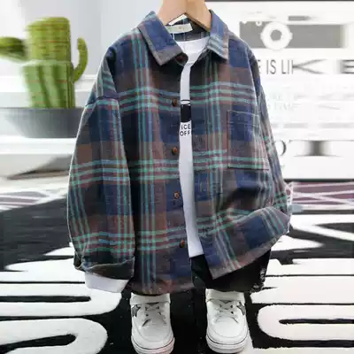 Boys' shirt long sleeve autumn 2021 new foreign school children plaid shirt spring and autumn Korean coat tide
