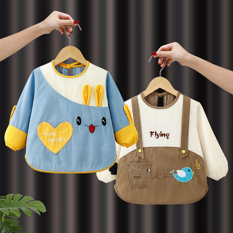 Corduroy long-sleeved blouse children's kindergarten baby girl eating baby bib waterproof anti-dirty reverse dressing rice pocket