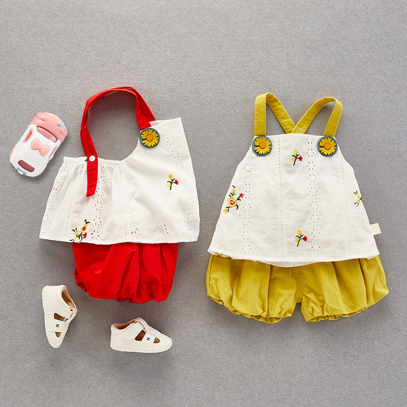 Net red baby summer suit female baby super-foreign sling cute princess summer thin section toddler clothes two-piece set