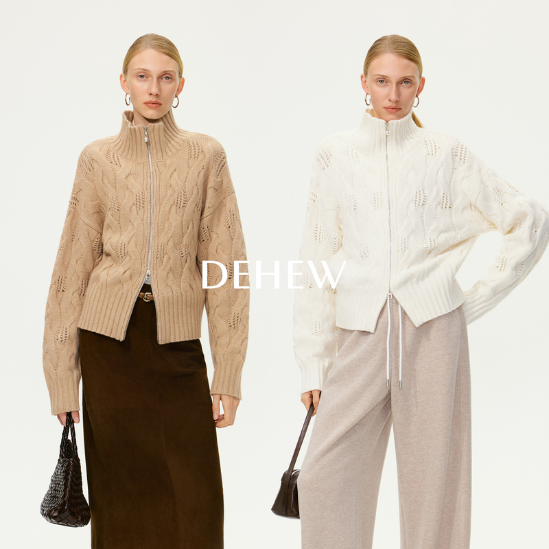 Dehew/Butterfly River Retro Vintage Cashmere Wool Three-Dimensional Thick-Knit Turtleneck Cable Knit Zip-Up Cardigan Sweater