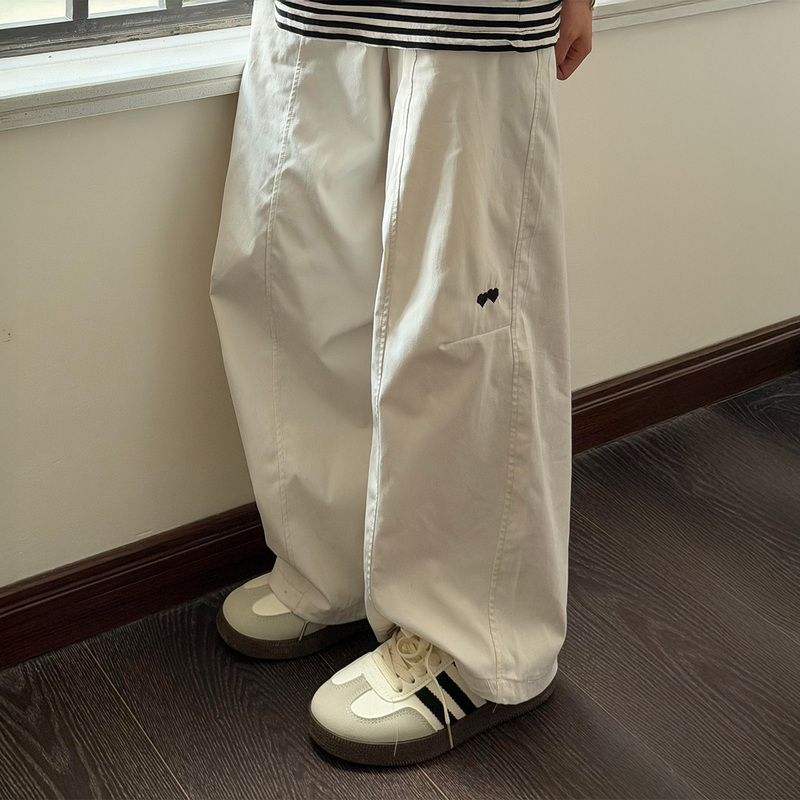 American-Style White Heart Embroidery Cargo Pants for Women, Summer Thin Large Size Plus Size High-Waisted Loose Slimming Casual Wide-Leg Pants