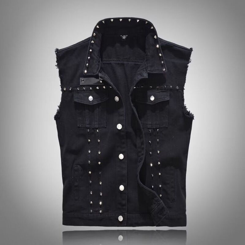 Spring and Summer Studded Denim Vest for Men and Women, European and American Style Biker Vest, Punk Sleeveless Jacket, Stage Coat, Plus Size