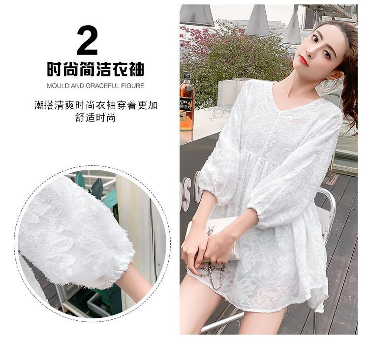 Áo sơ mi búp bê top xòe phiên bản Hàn Quốc rộng rãi và ngọt ngào màu trung đầm voan dài ngang eo che bụng siêu tuổi - Áo sơ mi chiffon ren