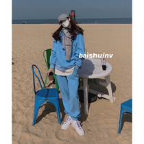 White water women hooded sweater womens spring and autumn new thickened loose lazy wind outside wearing tie-foot trousers solid color suit