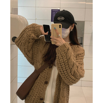 White water womens knitted cardigan sweater womens spring and autumn wear thickened lazy wind loose medium-long thick line clothing