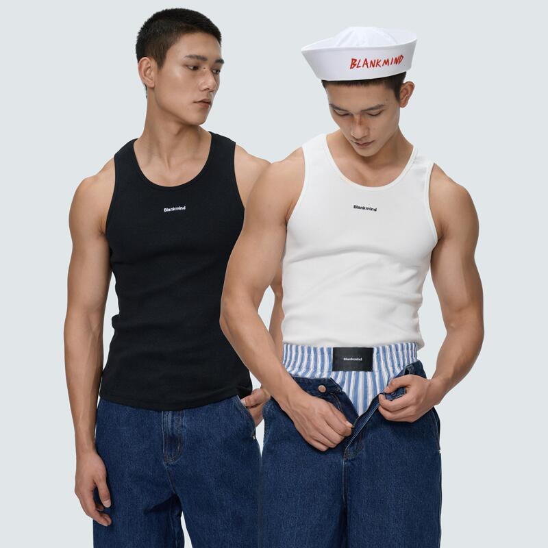 Blankmind Pit Stripe Embroidery Slim-Fit Basic Tank Sleeveless Vest Solid Color