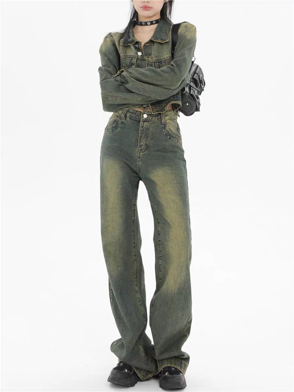 Cc2024 Spring New Vintage High-End Denim Jacket for Women with High-Waisted Straight-Leg Drapey Floor-Length Straight-Leg Pants