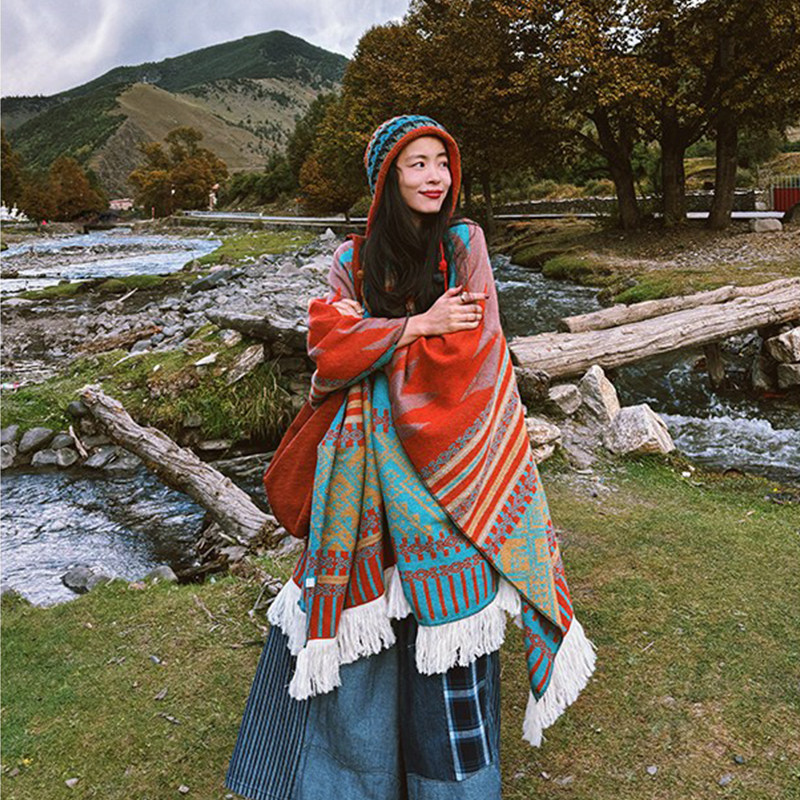Boss Feng's ethnic-style pullover knitted outerwear shawl, Sichuan-Xinjiang autumn and winter warm oversized cape scarf