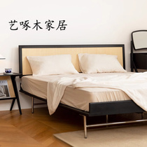 Japanese retro rattan bed cherry wood Nordic solid wood bed thin bed double bed ash wood 1 8 meters 1 5 meters master bedroom