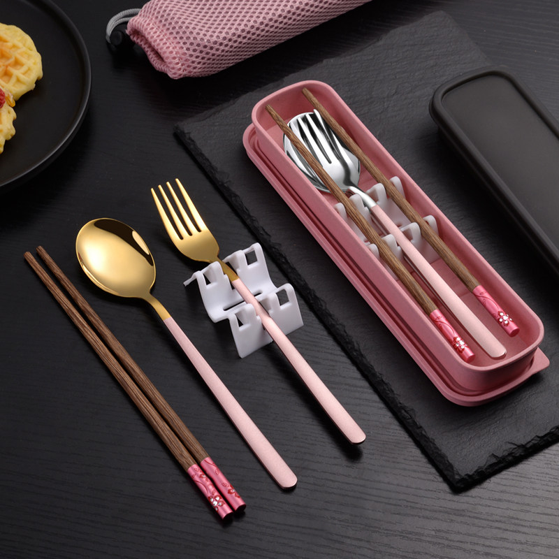 Chopsticks Spoon Suit Wooden Elementary School Children Children Adults Net Red Portable Day Type Fork Containing Cutlery Box Eat