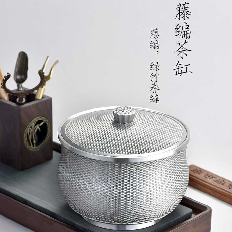 Rongshengda Extra Large Tin Can Bamboo Weaving Tea Cylinder Pure Tin Tea Can Tin Can Storage Sealed Can Tea Household Gift