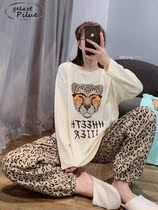 Japanese GP Cartoon Leopard Pure Cotton Extras Sleeping Suit Woman Spring Autumn Long Sleeve Long Pants Loose Casual Home Clothing