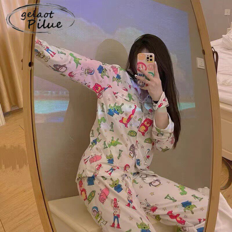 Japan GP spring and autumn new ins style graffiti cartoon pajamas women's cotton net red cute long-sleeved home clothes