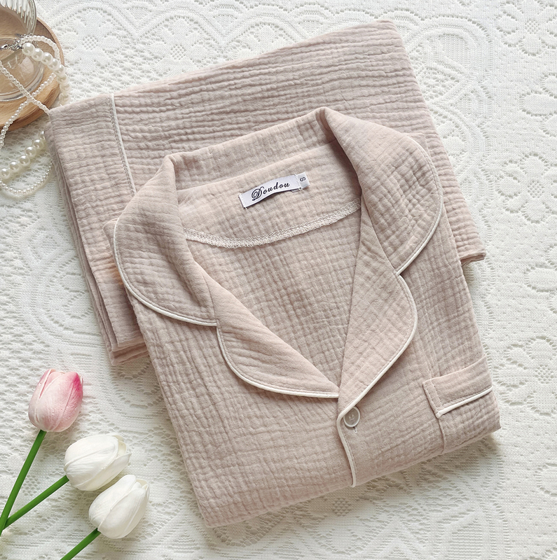 Japanese-Style Simple Double-Layer Pure Cotton Gauze Pajamas for Men and Women, Light Khaki Color, Spring and Summer, Skin-Friendly, Loose-Fitting Loungewear