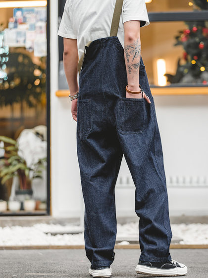 马登工装美式复古海上甲板背带裤秋季直筒阔腿套装吊带牛仔裤子男