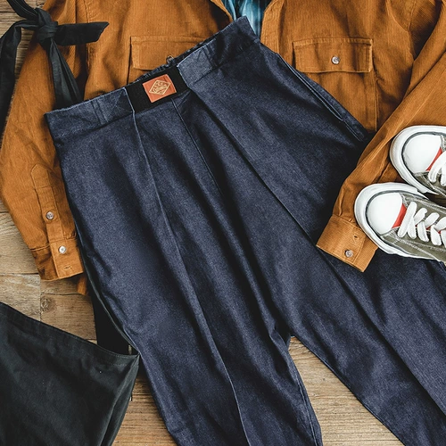 Японские ретро синие джинсы на липучке, штаны, эластичная талия