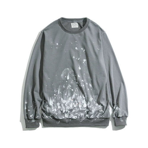 马登工装 日系复古烟灰色泼墨印花卫衣秋冬圆领套头休闲外套男潮