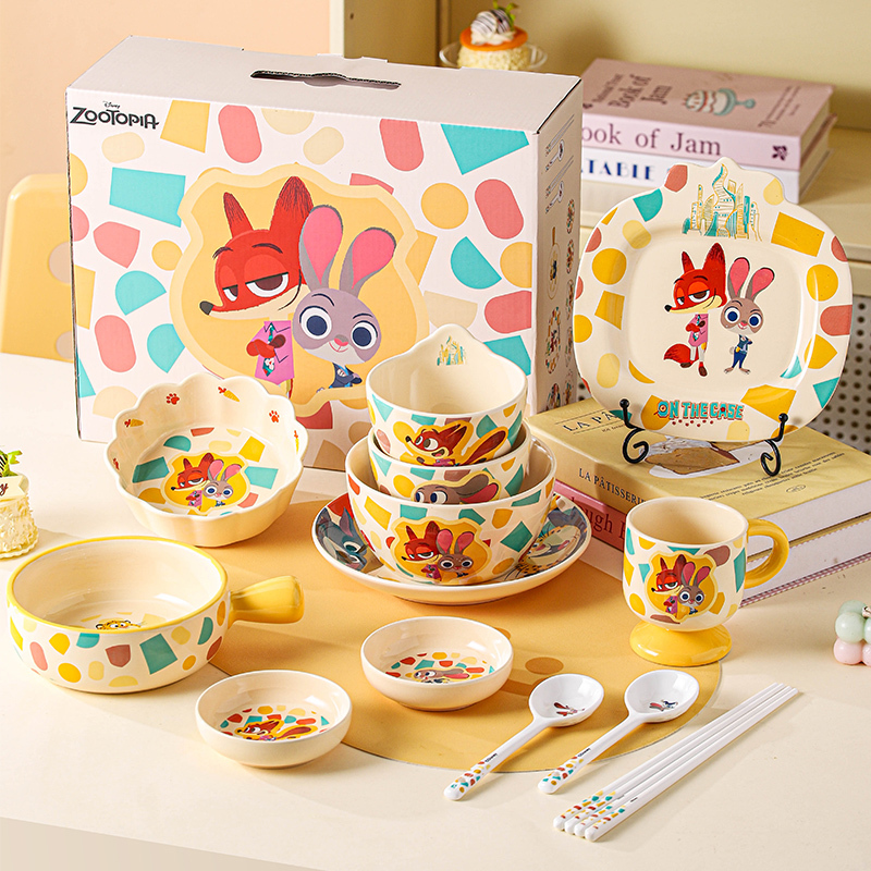 Disney Colorful Food-Theme Judy and Nick Tableware Set: Cute and High-Quality Ceramic Bowls, Plates, Chopsticks, and Spoons for Home Use