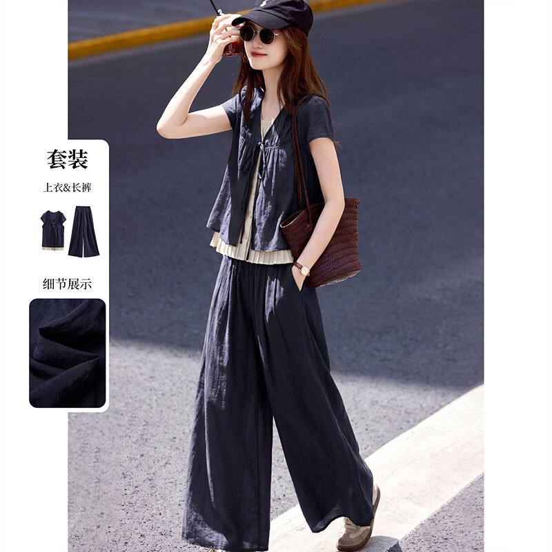 Summer New Short-Sleeved Age-Reducing Two-Piece Top and Wide-Leg Pants Fashion Set for Women, Loose and Stylish Two-Piece Set for Women Summer New Short-Sleeved Age-Reducing Two-Piece Top and Wide-Leg Pants Fashion Set for Women, Loose and Stylish Two-Piece Set for Women