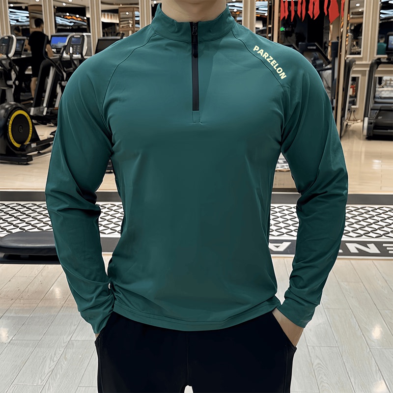 Fitness Long-Sleeved Men's Loose Elastic Half-Zip Sports T-Shirt American Style Running Spring and Autumn Basketball Training Cycling Clothing
