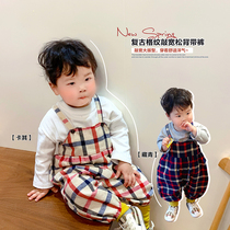 Baby Boy Clothing 2022 Spring Autumn Season New Men And Womens Baby Checkered Back With Pants Baby Han Version 100 Hitch Pants Tide