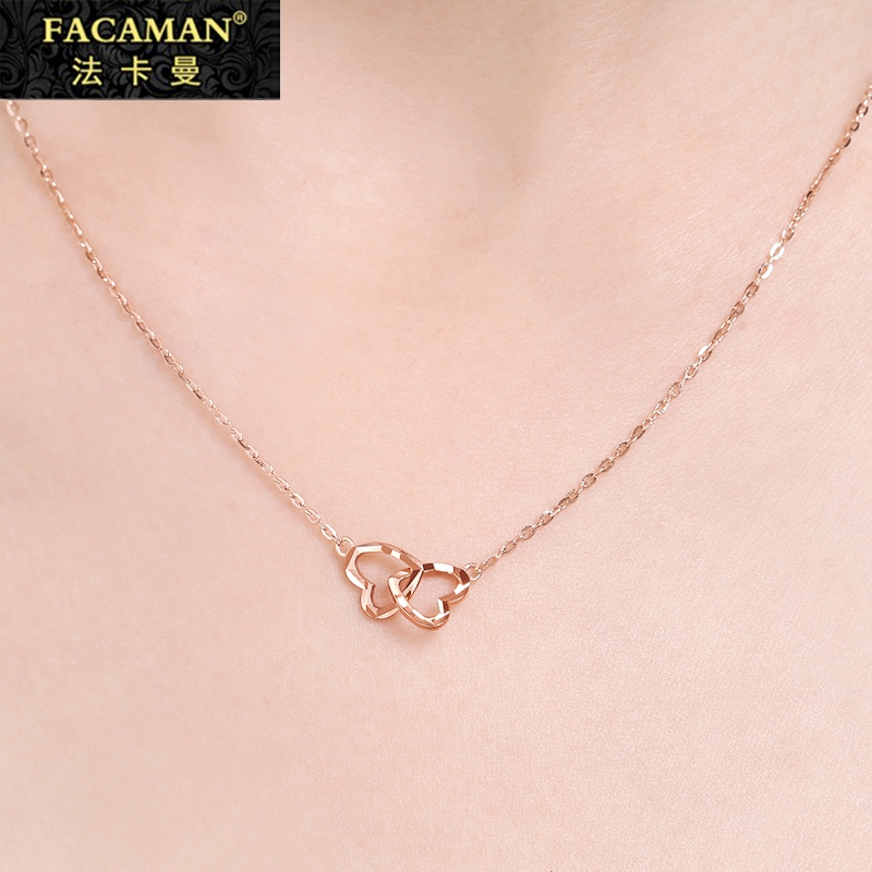 Duobao double heart 18k gold necklace female clavicle chain rose gold color gold simple temperament niche design pendant trend