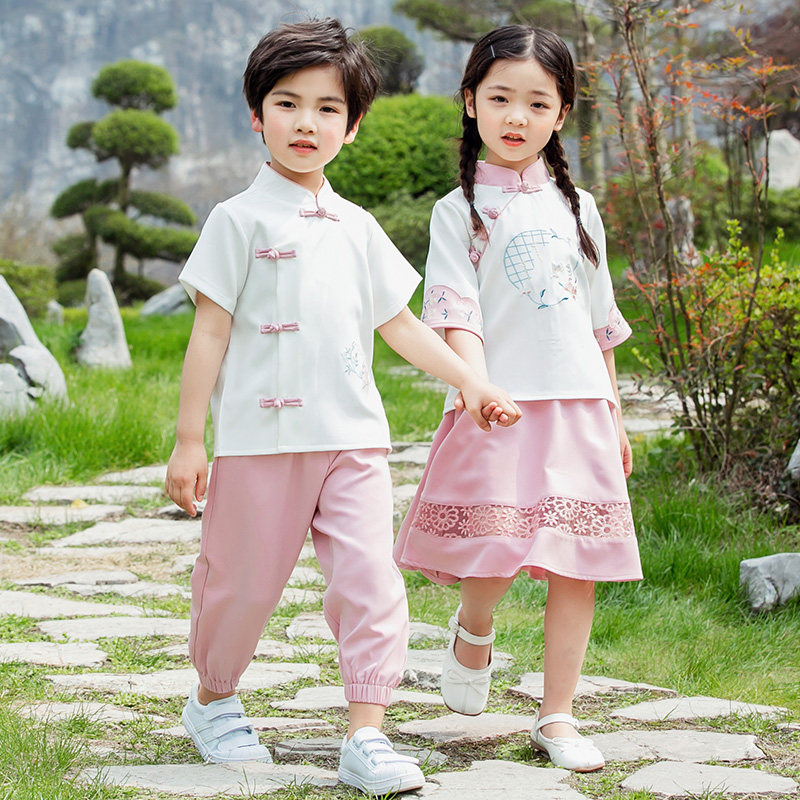 Primary school students Hanfu Chinese style graduation photo class uniform long-sleeved costume performance autumn suit children's pink costume