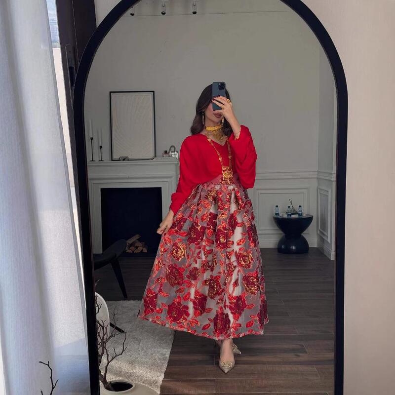 Flower Embroidered Evening Dress