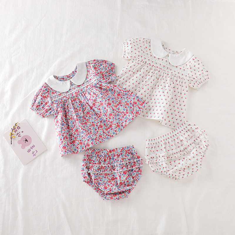 British next kid summer female treasure floral short-sleeved foreign style two-piece set small cherry children's split shorts romper