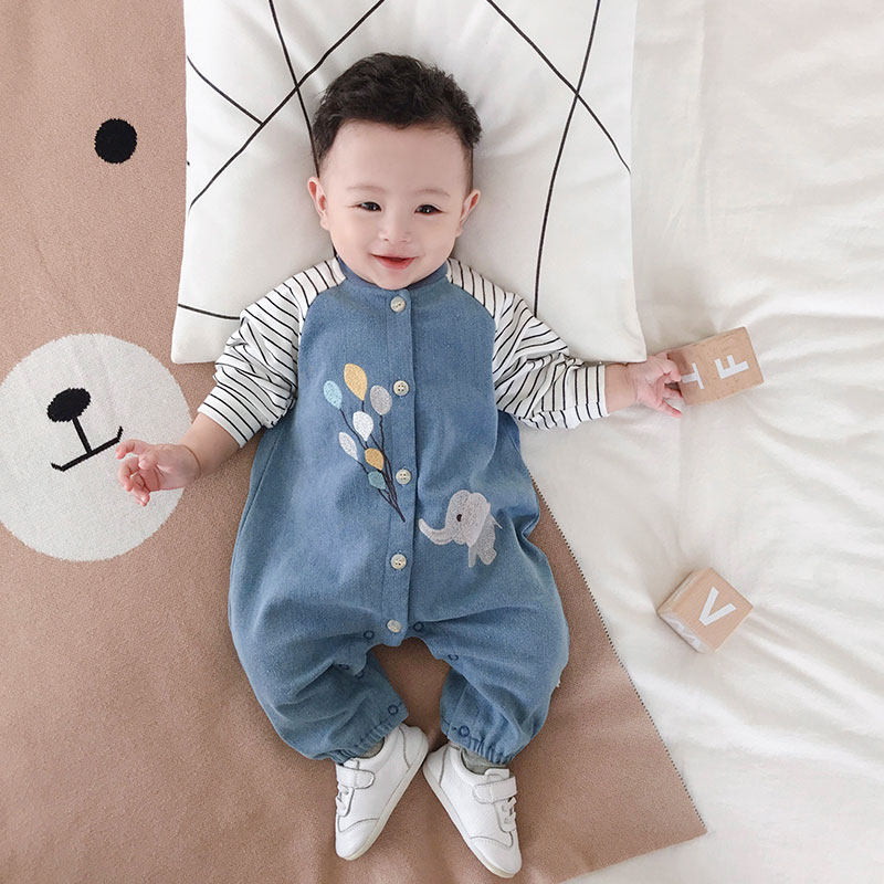 British next kid baby denim suit spring and autumn jumpsuit baby romper striped cute cotton jumpsuit