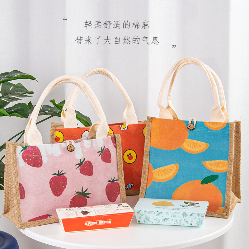 Lunch bag tote bag work lunch box bag large-capacity burlap bag button Japanese style lunch canvas bag with rice