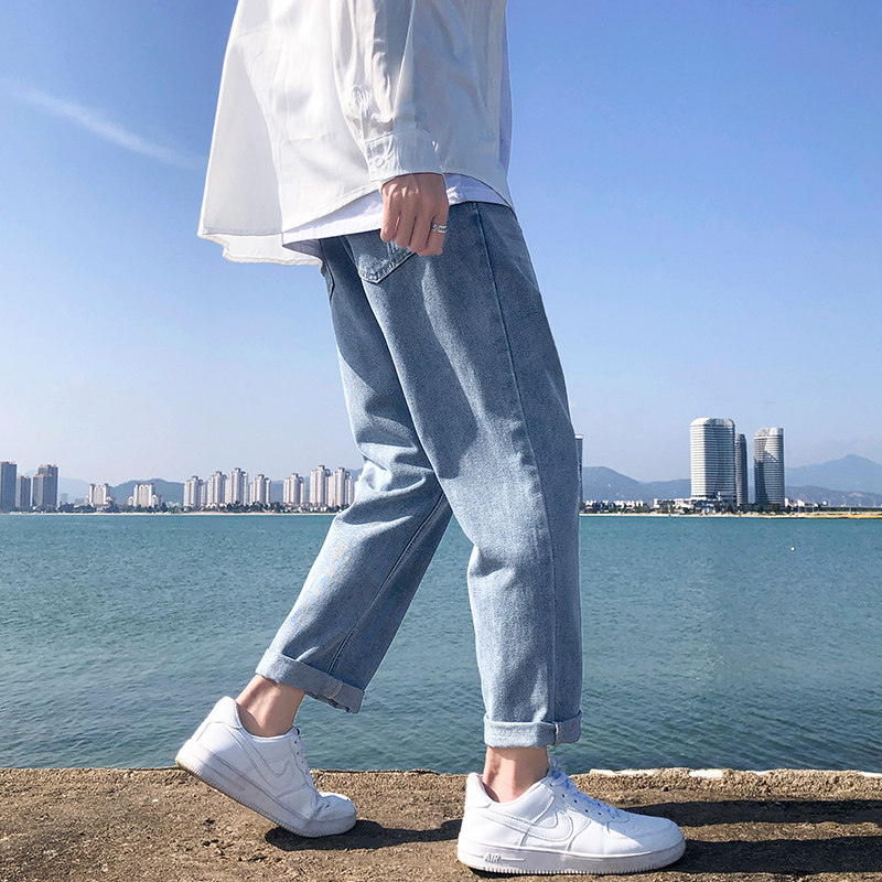Men's summer thin loose straight wide leg jeans Korean version casual student trend all-match light color nine-point pants