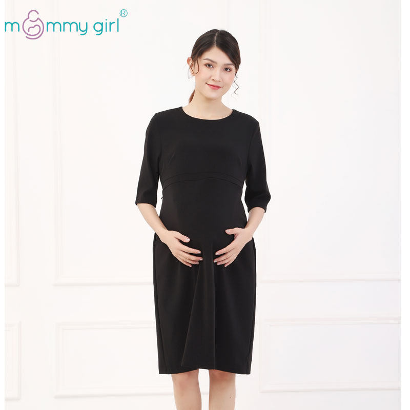 Spring and summer maternity dress five-point sleeve OL work clothes black mid-length version can breastfeeding dress round neck large size