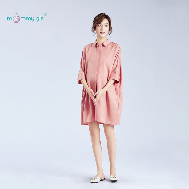 2022 Spring Summer Silk pregnant women's shirts Long version 70% sleeves Fashion Belly Shirt Style Foreign Dress Loose large size Size Laces